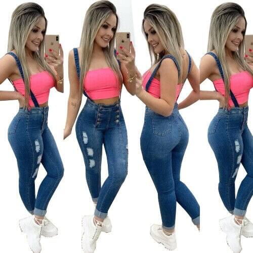 Women Ripped High Waist Slim Denim Jeans Pants Straps Suspender Trouser Overalls New