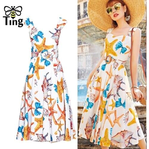 Tingfly Summer Boho Fashion Starfish Printing Women Casual Dress Summer Sleeveless Beach Stylish Vintage 90S Dress Elbise Zanzea