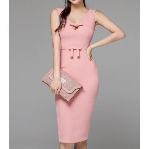 New arrival fashion korean party bodycon dress women elegant summer v-neck sleeveless temperament OL sweet pink pencil dress