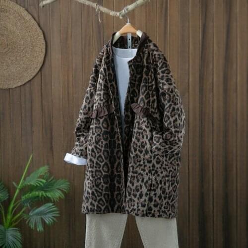 Large Size Winter Long Sleeve Leopard Print Wool Coat Mid Long Thick Overcoat Blends Outerwear 2021 New Windbreaker Female Tops