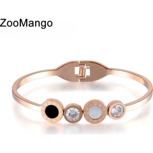 ZooMango Classic Roman Number CZ Crystal Wedding Bangles For Women Stainless Steel White/Black Shell Love Charm Bracelet ZB17022