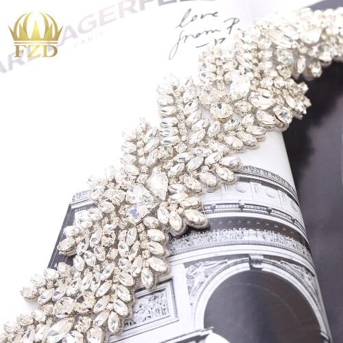 1piece) Handmade Beaded Sew On Hot Fix Sliver Clear Bling Rhinestone Crystal Wedding Sash Applique for Bridal Belt Wristbands