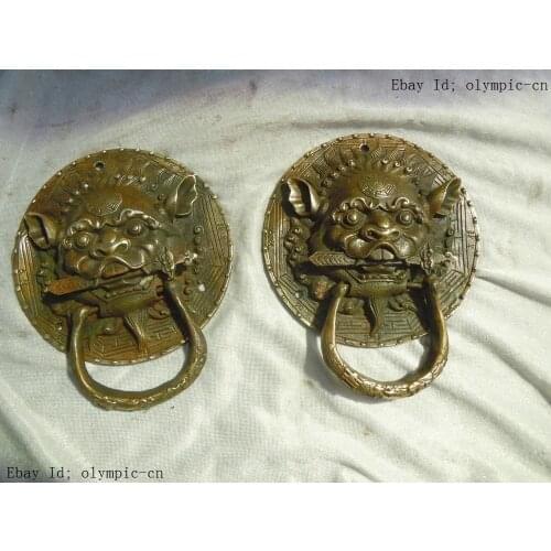 14 cm China beautifully Brass carved finely tiger knocker pair Sculpture statues