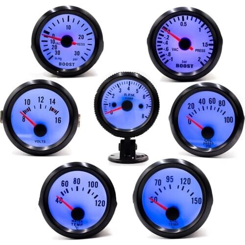 2" 52mm 12V Car Meter Water Temp Oil Temp Oil Pressure Boost Voltage Tachometer Rpm Gauge Black Shell Blue Background White Word