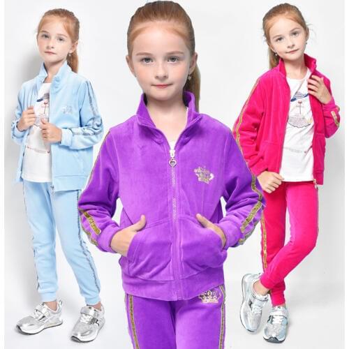 2020 Spring New Girls Fashion Crown Velvet Suit Childrens Fall Sports Clothing Set Kids Clothes Hooded Coat + Pants 2 Pcs X131