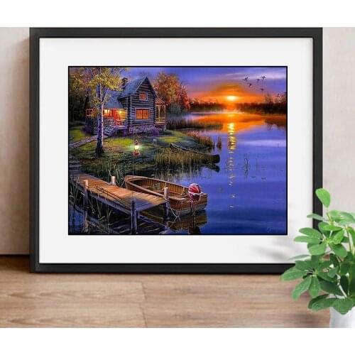 5D DIY Diamond Painting Landscape Boat&River Full Round Rhinestones Crystal Needlework for Decoration of Living Room