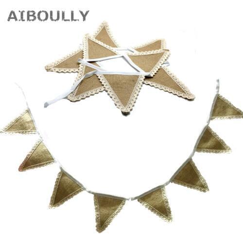 8 Flags 1.6m Vintage Jute Lace Garland Banner Handmade Rustic Burlap Cord Jute Rope Bunting flags Christmas Wedding decoration