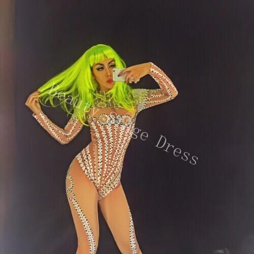 Glitter Rhinestones Bodysuit Sexy Full Of Sparkle Crystals Jumpsuit Celebrate Nightclub Singer Performance Stage Wear Costume DJ