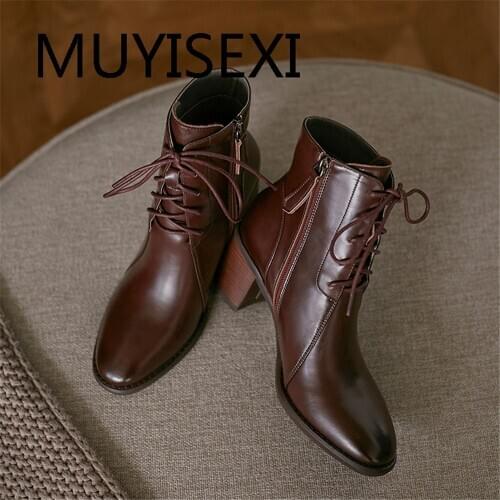 Ankle boots plus size gorgeous natural leather cross-tied round toe 6.5cm thick high heels zip pretty girls dress TN47 MUYISEXI