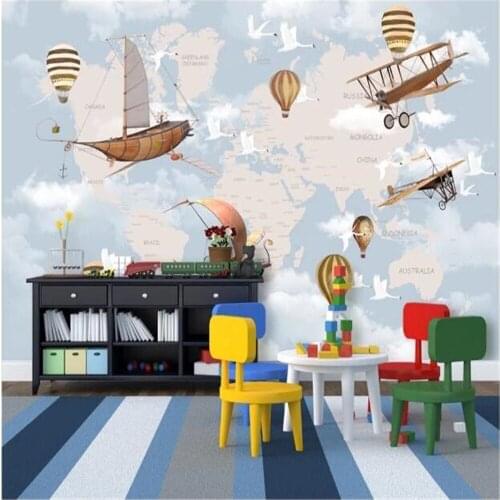 Milofi non-woven wallpaper mural hand-painted air travel around the world spaceship balloon childrens room background wall