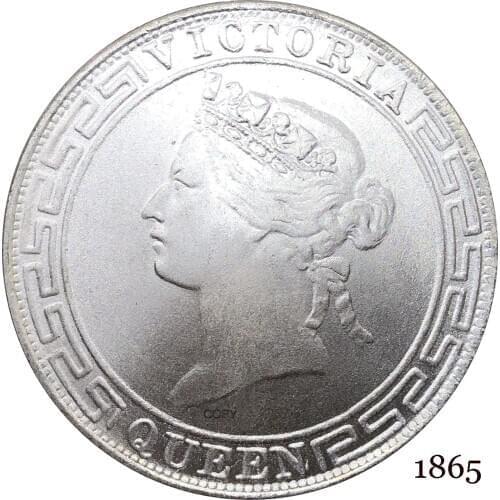 China Hong Kong Coins 1865 1One Dollar Victoria Queen Crowend Bust Facing Left Cupronickel plated Silver Copy Coin