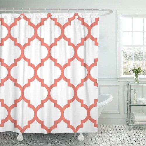 Classic Modern Vintage Chic Moroccan Quatrefoil Shower Curtain Waterproof Coral and White Decorative Bathroom Eco Friendly