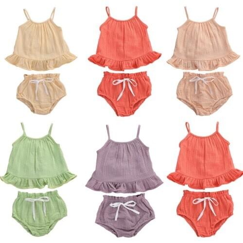 Baby Girls 2 PCS Outfit Set Solid Color Sling Ruffle Loose Tassel Top Shirt Short Triangle Drawing Straps Elastic Band Pants