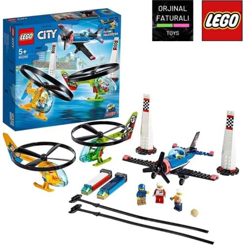LEGO City Air Race Flying Helicopter & Airplane Toy, Features 2 Ripcord Helicopters, Stunt Plane Aircraft Toy (140 Pieces) 60260