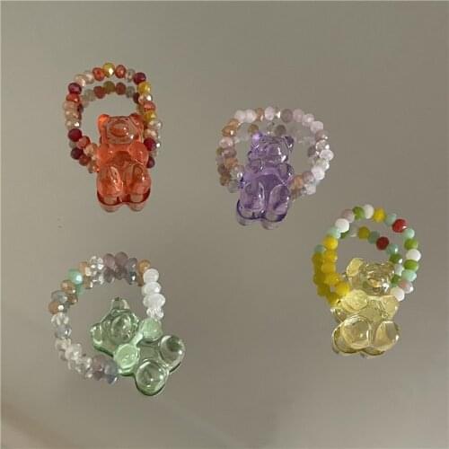 INS Cute Acrylic Candy Color Handmade String Colorful Millet Bead Bear Elastic Rope Ring for Women Girl Gifts Drop Shipping