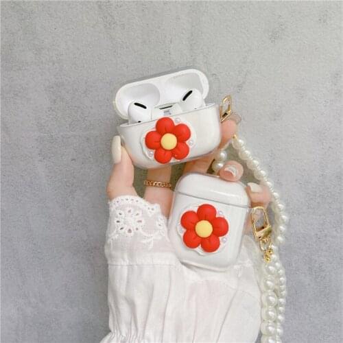 3D Red Flower Clear Shell Pearl Bracelet Keychain Headphone Earphone Soft Case for Airpods 1 2 Pro Wireless Headset Cover Gift