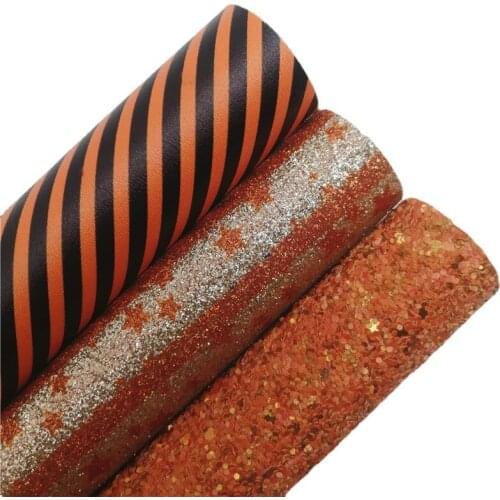 Orange Chunky Glitter Leather Fabric with Felt Backing Stripes Stars Printed Synthetic Leather Sheets For BOWS DIY 21X29CM G544