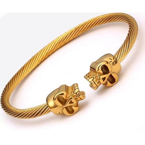 Luxury Braided Stainless Steel Skull Bangles Men Male Sporty Jewelry Vintage Open Cuff Charm Skeleton Bracelets