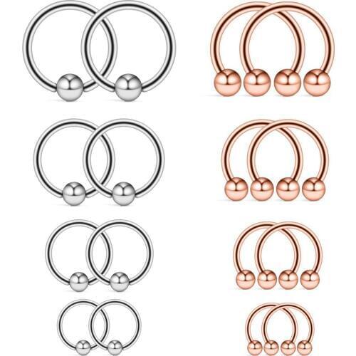 16PCS 14G Surgical Steel Horseshoe & Captive Bead Nose Hoop Septum Earring Eyebrow Tongue Lip Nipple Helix Tragus Piercing