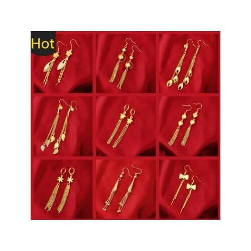 Imitation gold 24K flower bride leaves tassel female earrings brass imitation gold online celebrity gift Vietnam sand gold earri
