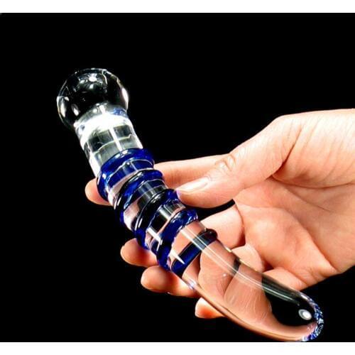 Blue threaded g spot glass penis double dildo lesbian gay sex toys dildos for men women masturbator glass massage rod