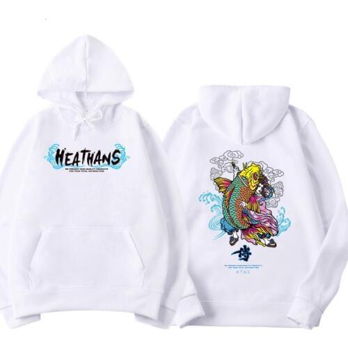 Japanese harajuku Men Streetwear Carp Hooded Hoodies Mens Hip Hop Harajuku Sweatshirts Male Fashions White Hoodie