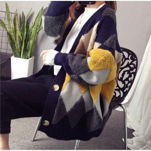 2021 Spring Autumn High Quality Fashion Print V-Neck Oversized Cardigan Long Sleeve Single Breasted Knitted Sweater Outwear X340