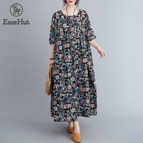 EaseHut Vintage Women Cotton Linen Dress Print O Neck Short Sleeve High Waist Loose Casual Summer Dress Women 2021 New