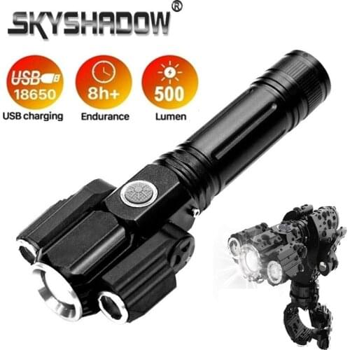 Rotating LED Flashlight Ultra Powerful Torch 3LED 1T6+2XPE Zoomable Bicycle Lighting USB Rechargeable 4 Modes Camping Outdoor