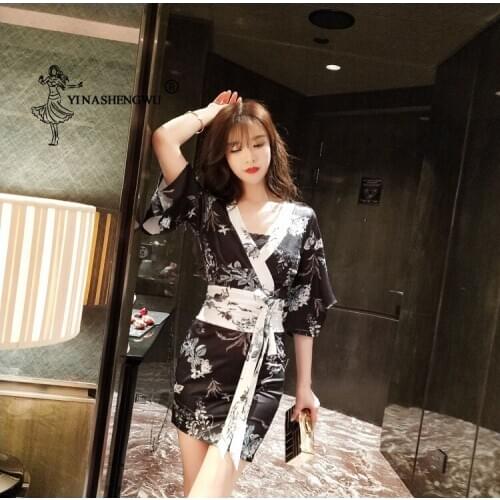 Japanese Silk Robe Print Kimono WIth Belt Sexy Cosplay Costume Geisha Dress Temptation Female Traditional Japanese Kimono Yukata