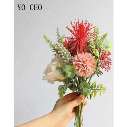 YO CHO Bouquet Bride Wedding Flower Bouquet Artificial Silk Rose Pompon Lavender Vanilla Spike Eucalyptus Leaves Wedding Flower