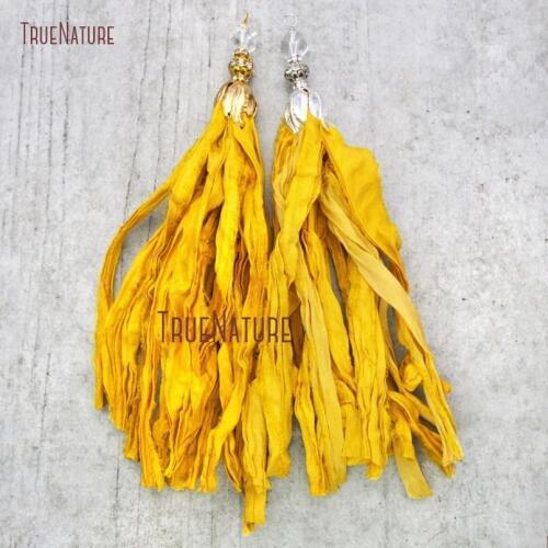 Yellow Sari Silk Tassel Pendant Gold Silver Tulip Cap Tassel Pendant Sari Silk Ribbon Pendant PM14659