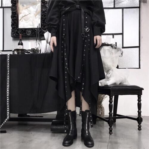Women Punk Gothic Harajuku Skirt Cargo Asymmetrical Skirts Black Streetwear