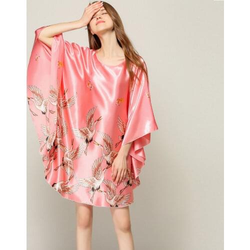 Plus Size 5XL 6XL Nightgown Sleeping Dress Vintage Crane Silk Nightdress Kaftan Gown Lingerie Sleepwear Lady Loose Sleep Top