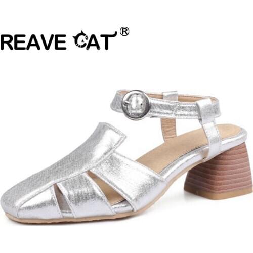 REAVE CAT New 2021 Women Pumps Square Toe 5cm Wood Heels Buckle Bling Stylish Designer Vintage Big Size 45 Casual Orange A3813