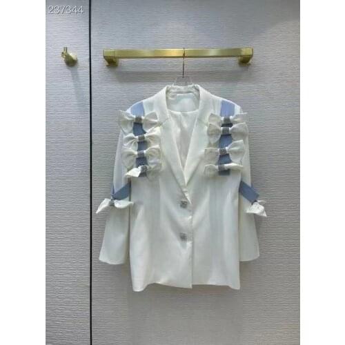 New 2021 Autumn Winter Womens Blazers Solid White Diamonds Buttons Bow Vintage Fashionable Office Lady Single Breasted Coat