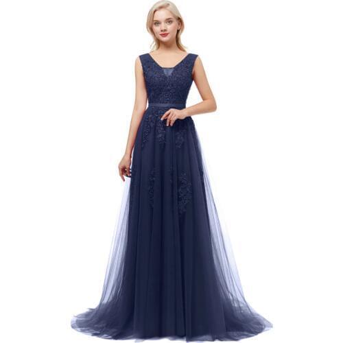 Beauty-Emily V Neck Lace Appliques Navy Blue Bridesmaid Dresses 2020 Long for Women WeddingParty Prom Dresses A-Line Sleeveless