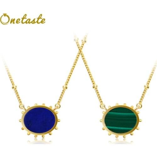 925 Silver Gold Plated Green Malachite Blue Lapis Lazuli Pendant Necklace For Women Fashion Minimalism Choker Necklaces Girls