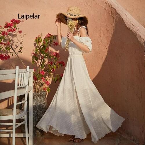 Women White Chiffon Dress 2021 New Summer Off Shoulder Sexy Spaghetti Strap Long Elegant Ladies Boho Vestido Mujer