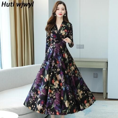 Plus Size Spring Autumn Floral Elegant Dresses 2021 Vintage Knit Cotton Warm Midi Dress Women Bodycon Party Casual Maxi Vestidos