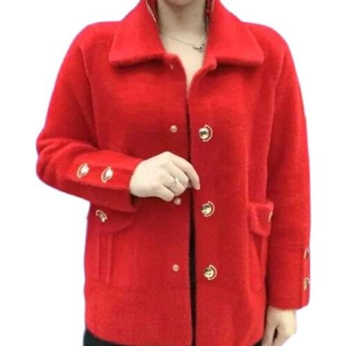 Winter New Womens Mink Fleece Jacket Wild Mothers Single-Breasted Short Coats Lady 2021 Autumn Cardigan Sweater Warm Overcoat