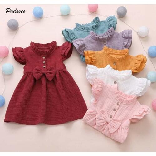 2020 Sweet Toddler Kids Baby Girl Solid Color Ruffle Princess Party Dress Sundress Summer New 1-6Y Bow Cotton Linen Clothes