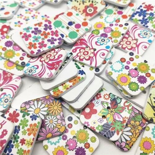 50pcs 25mm Mixed Flowers Painted Wooden Square Buttons Sewing 2 Holes Accessories DIY Crafts Embellishments For Scrapbooking