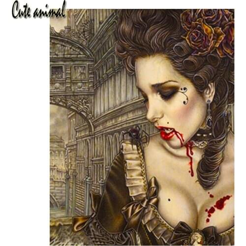 5D DIY Diamond Painting Vampire Woman Diamond Mosaic Embroidery Retro Style Full Drill Square Halloween Gift Rhinestone Decor