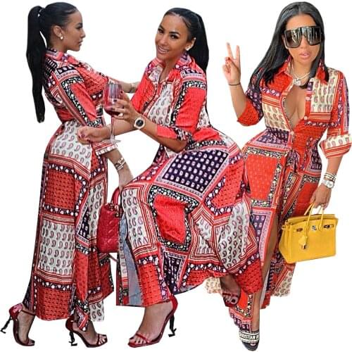 African Dresses for Women 2021 New Fashion Autumn Spring Dashiki Africa Style Printing Shirt Dress Maxi Dresses