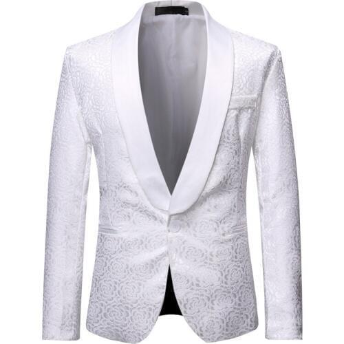White Floral Jacquard One Button Suit Jacket Men Slim Fit Shawl Lapel Tuxedo Blazer Men Party Wedding Groom Dress Blazers Male