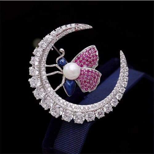 OKILY Beautiful Cubic Zircon Moon Brooches Cute Enamel Bee with Pearl for Womens Clothing Luxury Jewelry Accessories