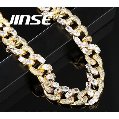 JINSE 14mm Width Mens Cuban Chain Necklace Iced Out Bling AAA+ CZ Zircon Stones Hip Hop Gold Silver Color Chain Jewelry