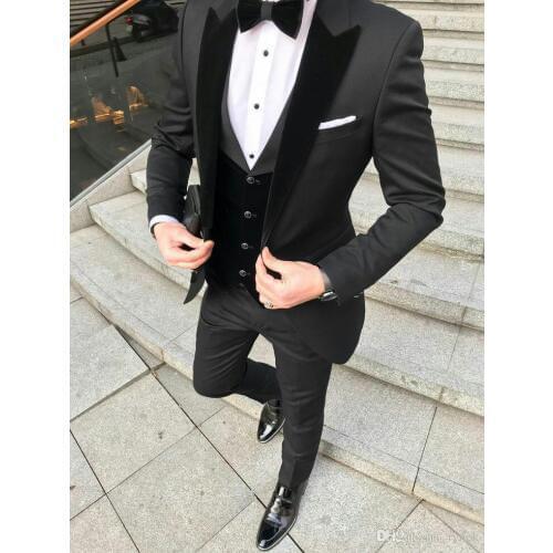 Custom Made Black Groom Tuxedos Men Suits Velevt Peaked Lapel Man Blazer Three-Piece Groomsmen Wear (Coat+Pant+Vest)