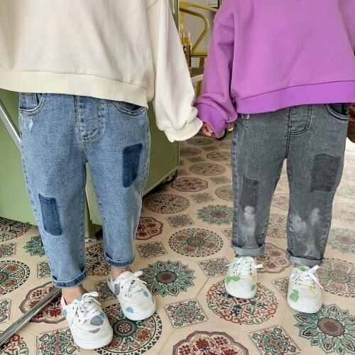Childrens Pants Stretch Thin Jeans 2021 Spring Autumn New Boys and Girls Patch Loose Casual Denim Pant Kids Straight Trousers